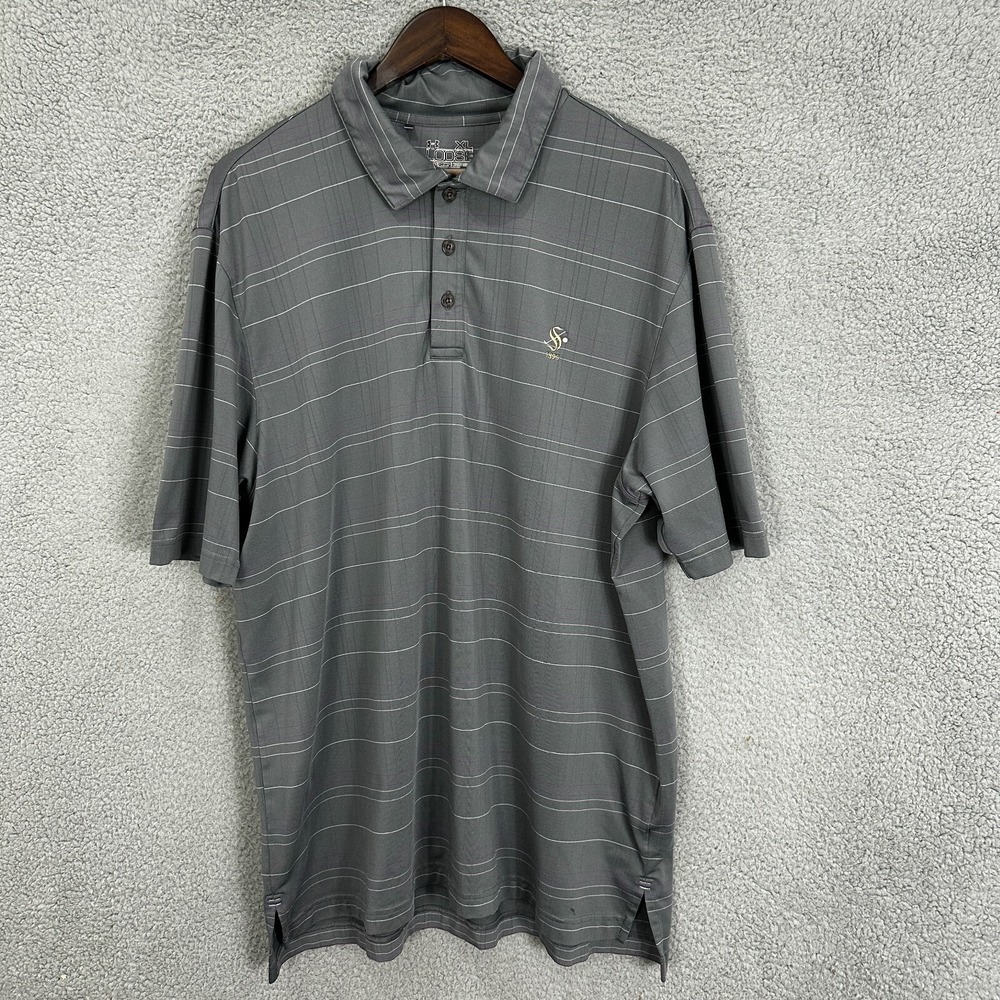 Under Armour Polo Shirt Mens XL Grey Striped HeatGear Golf Short Sleeve Outdoors
